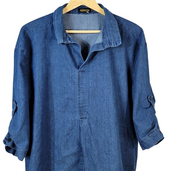 Reborn Womens Denim Tunic Top Blue Medium Roll-Up Sleeves Collar Cotton Blend - Picture 2 of 6